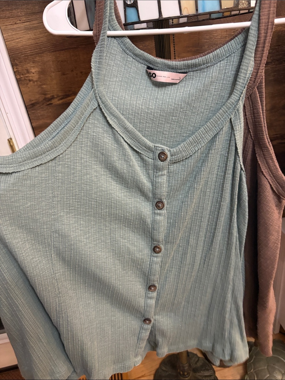 SO Sage Green Ribbed Button-Front Tank Top, Two pack of green and brown